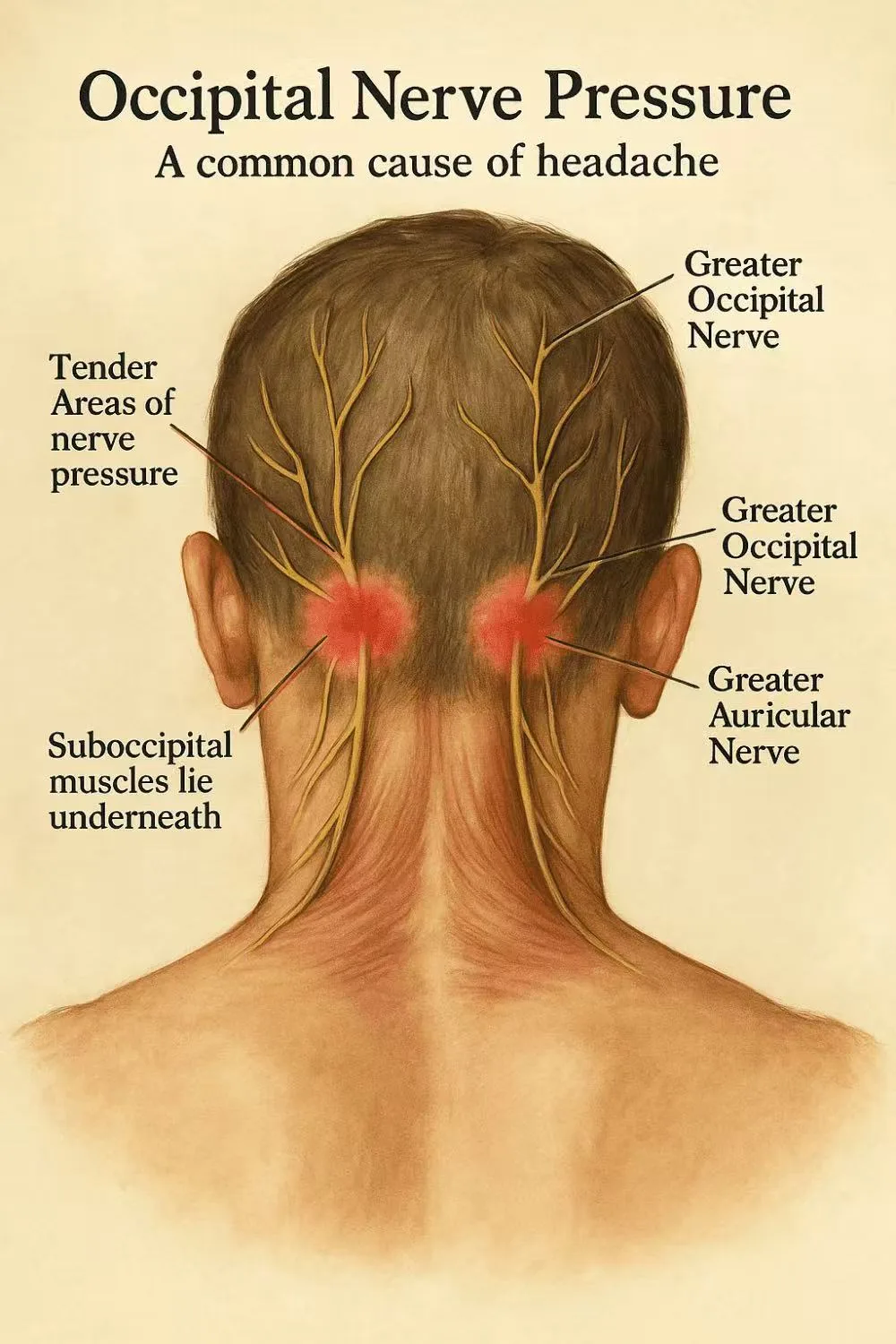 Diagram showing occipital nerve pressure at the back of the head, with tender areas over the suboccipital muscles