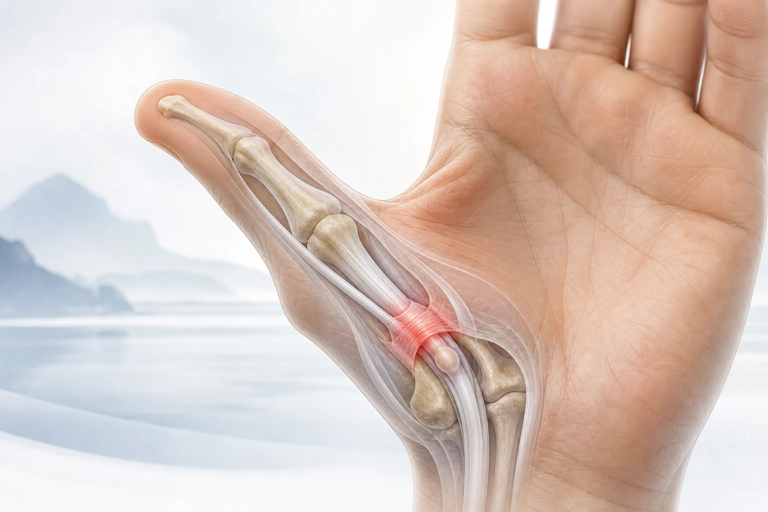 Medical illustration of trigger thumb showing the flexor pollicis longus tendon, tendon nodule and narrowed A1 pulley on the palm side of the thumb